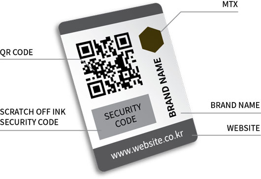 QR Code/MTX/Scratch off ink(Security Code)/Brand Name/Website